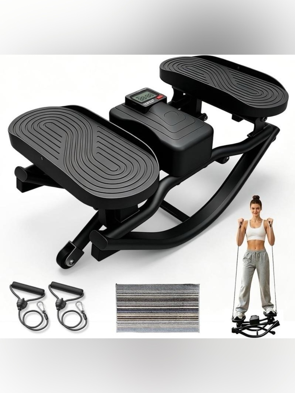 Compact Black Mini Stepper with Resistance Bands and Monitor